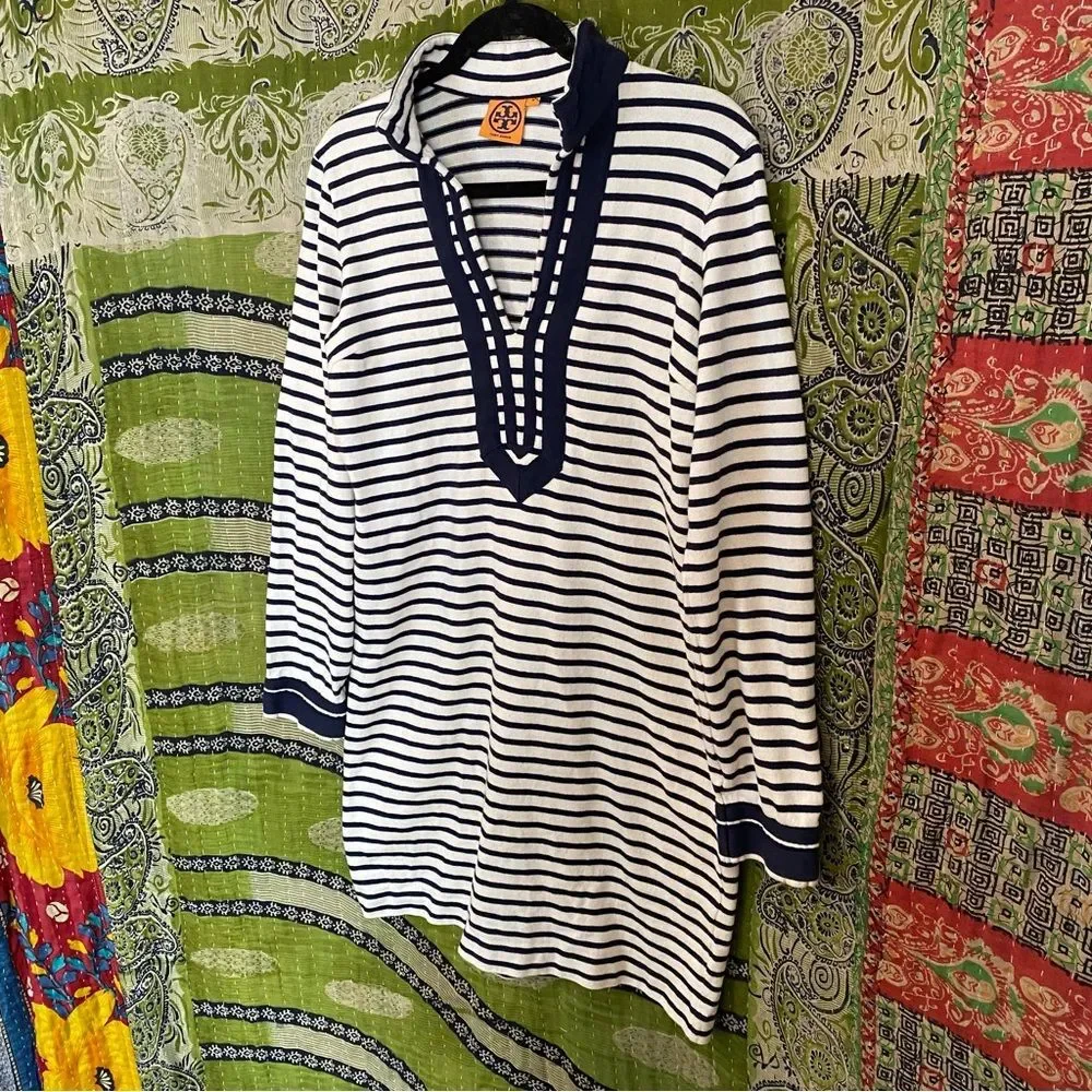 Tory Burch White/ Blue Cotton Knit Mini Tunic Nautical Dress Size Medium